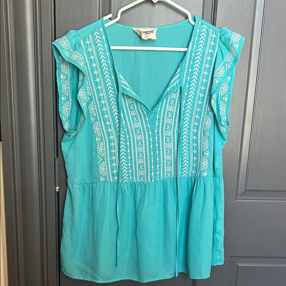 Savannah Jane Teal Embroidered V-Neck Peplum Blouse